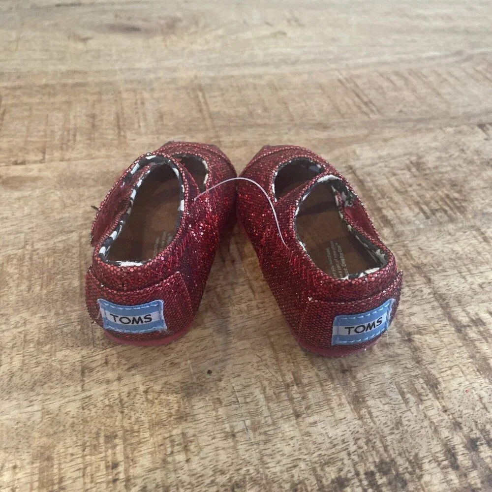 Toms Red Sparkle Mary Jane Shoes Slip On Hard Soles Formal Toddler Baby Size 2